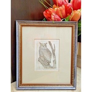 Netia Worley 1974 Etching Horned Owl Numbered 55/200 Artist Pencil Signed